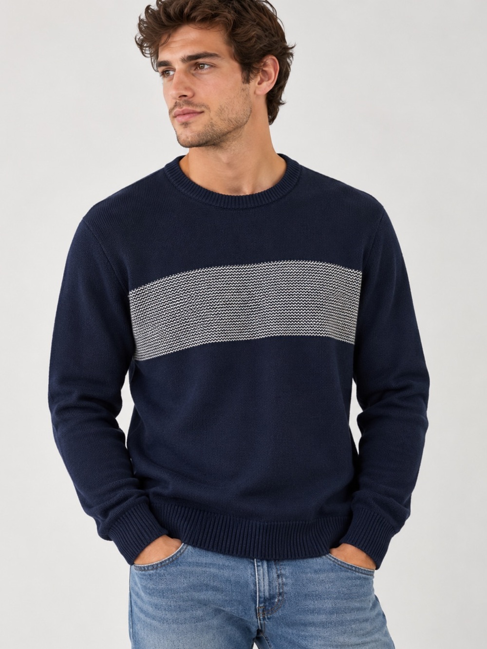 J.Crew Navy White Stripe Cotton Knit Crewneck Sweater Men’s Large